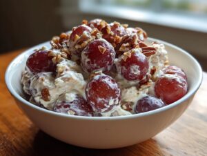 A white bowl filled with creamy Chicken Salad Chick grape salad topped with red grapes and chopped pecans.