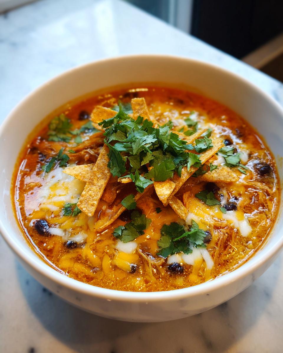 A close-up of a bowl of rich, orange-red chicken tortilla soup topped with melted cheese, black beans, tortilla strips, and fresh cilantro.