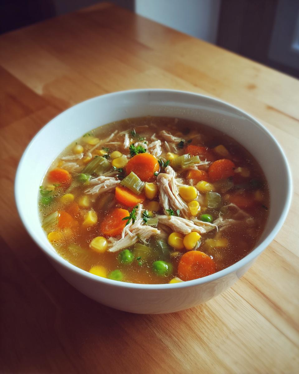 A close-up of a white bowl filled with rich chicken vegetable soup, featuring shredded chicken, carrots, peas, and corn.