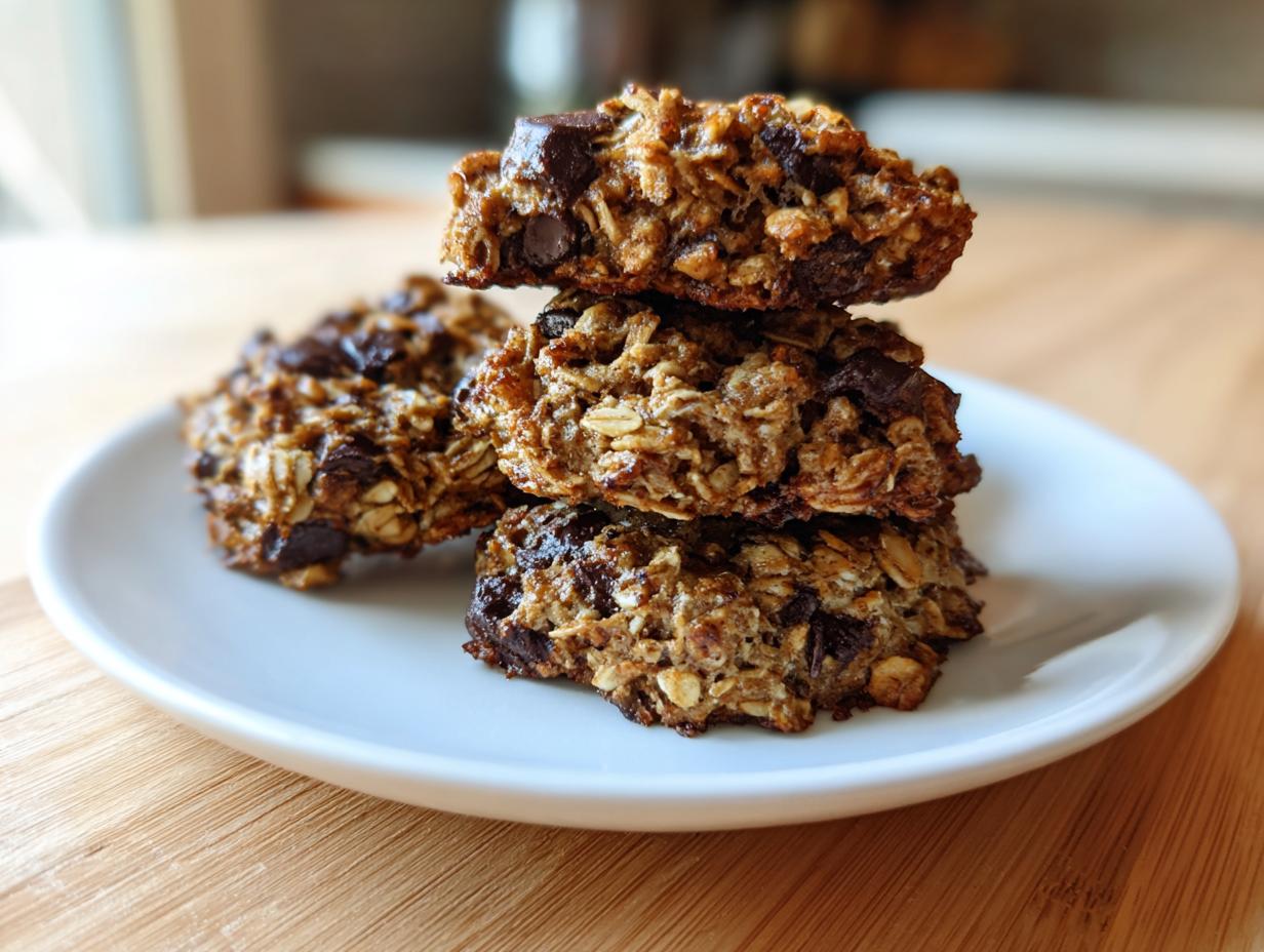 A stack of three homemade, hearty breakfast cookie treats loaded with oats and chocolate chips.