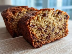 A close-up view showing the moist interior texture of chocolate chip mini banana bread loaves.
