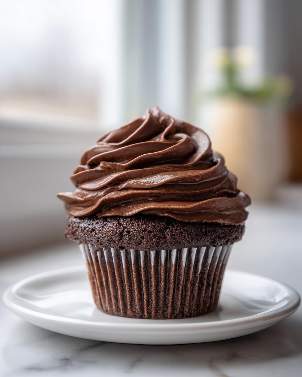 A single chocolate cupcake topped with a generous swirl of rich chocolate frosting, sitting on a white plate.