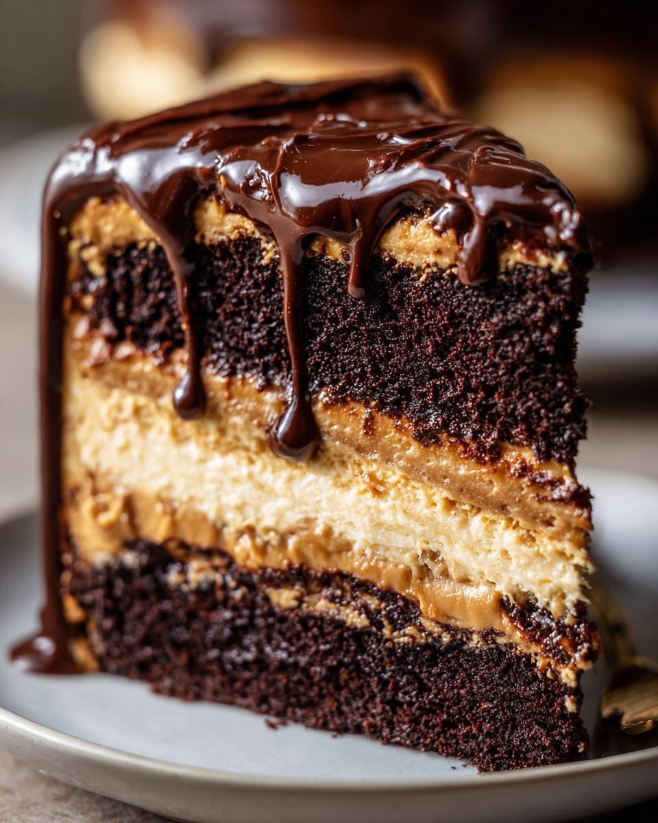 A decadent slice of chocolate peanut butter cake featuring dark chocolate layers and creamy peanut butter filling, topped with rich chocolate ganache.