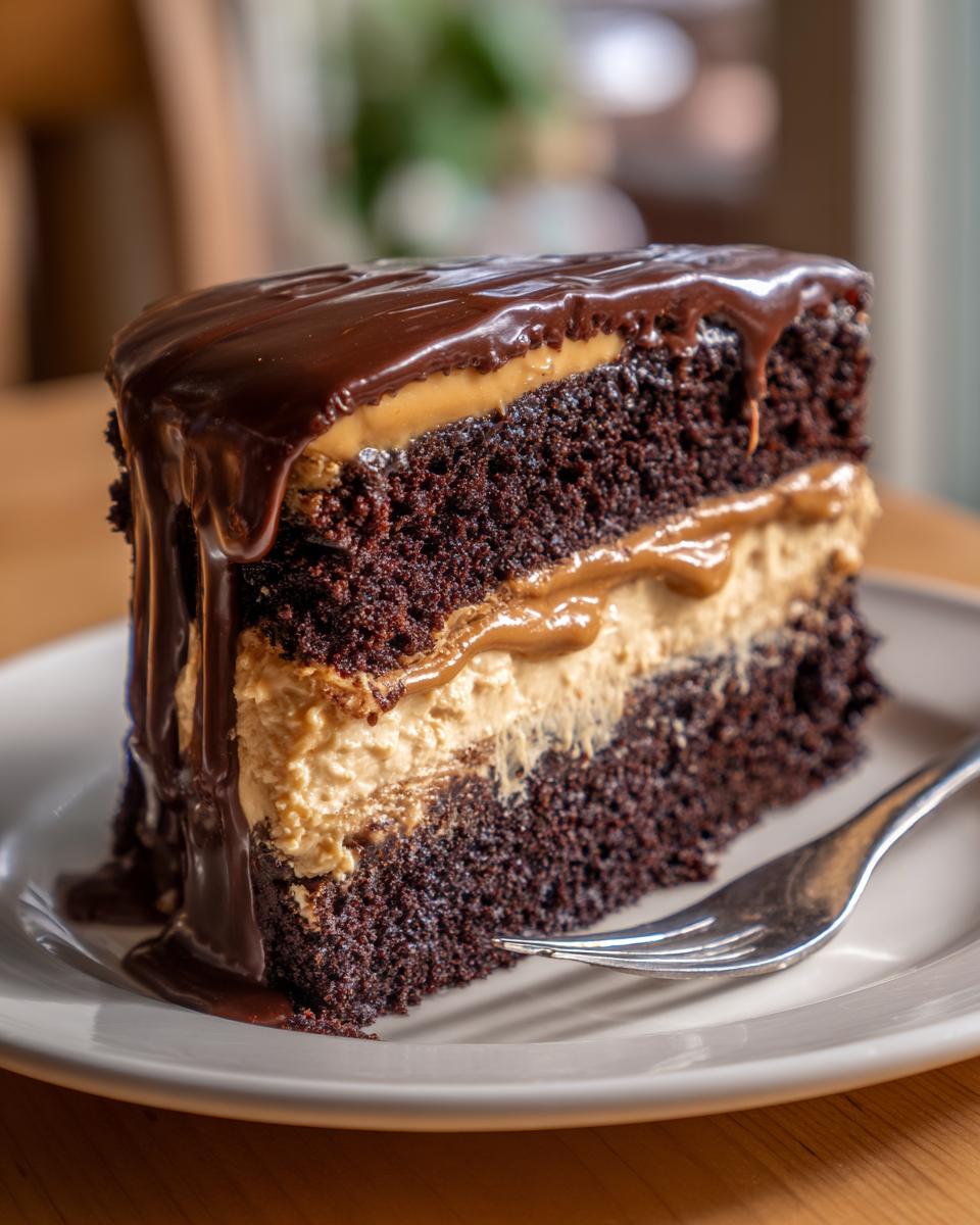 A decadent slice of chocolate peanut butter cake featuring dark chocolate layers, thick peanut butter filling, and dripping chocolate ganache.