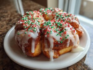 A cluster of baked christmas tree cinnamon rolls covered in white icing and red and green sprinkles.