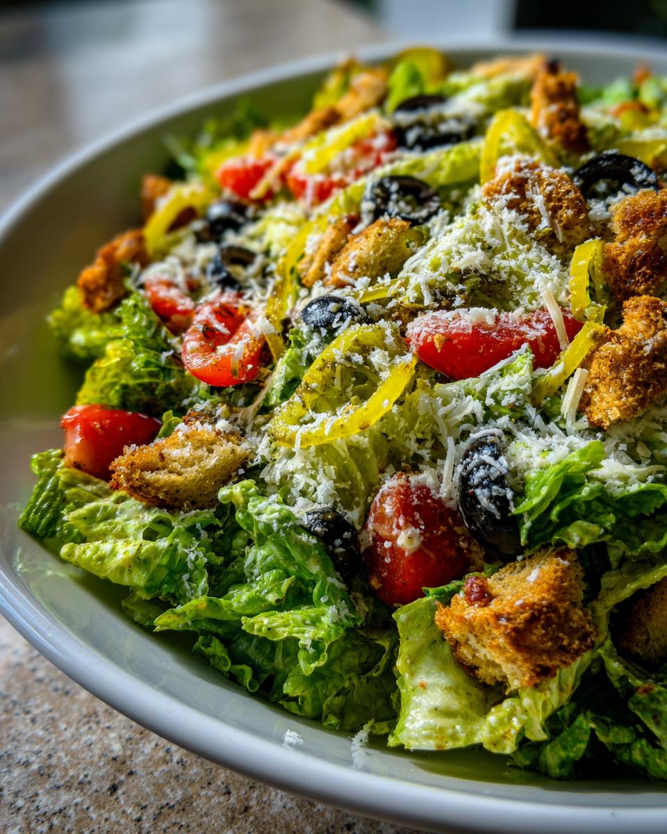 A vibrant bowl of copycat olive garden salad featuring crisp lettuce, cherry tomatoes, black olives, pepperoncini, and grated cheese.