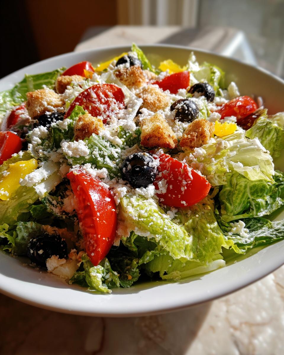 A vibrant bowl of copycat Olive Garden salad featuring crisp lettuce, red tomatoes, black olives, yellow peppers, croutons, and grated cheese.