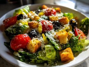 A vibrant bowl of copycat Olive Garden salad featuring crisp lettuce, cherry tomatoes, black olives, and seasoned croutons.