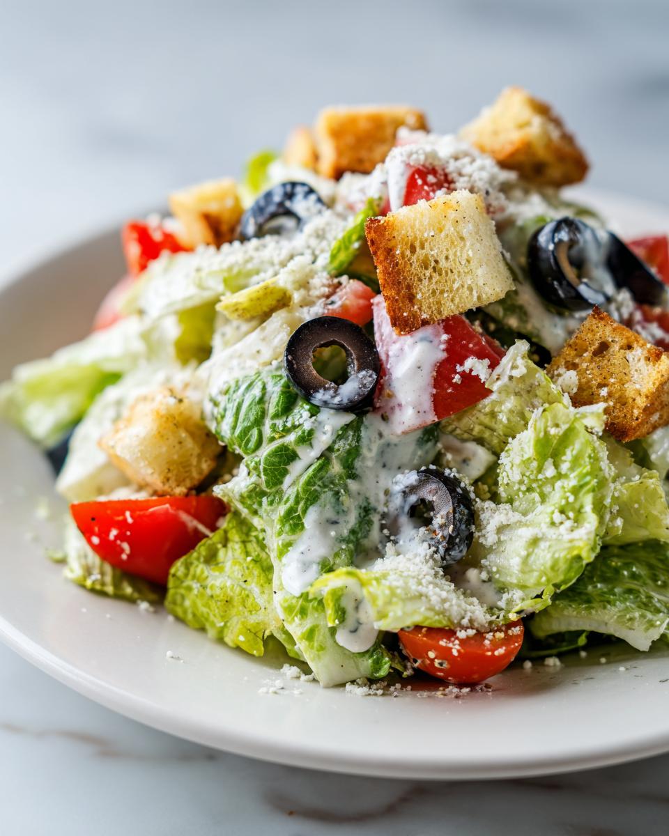 A close-up of a fresh copycat Olive Garden salad featuring romaine lettuce, tomatoes, black olives, croutons, and creamy dressing.