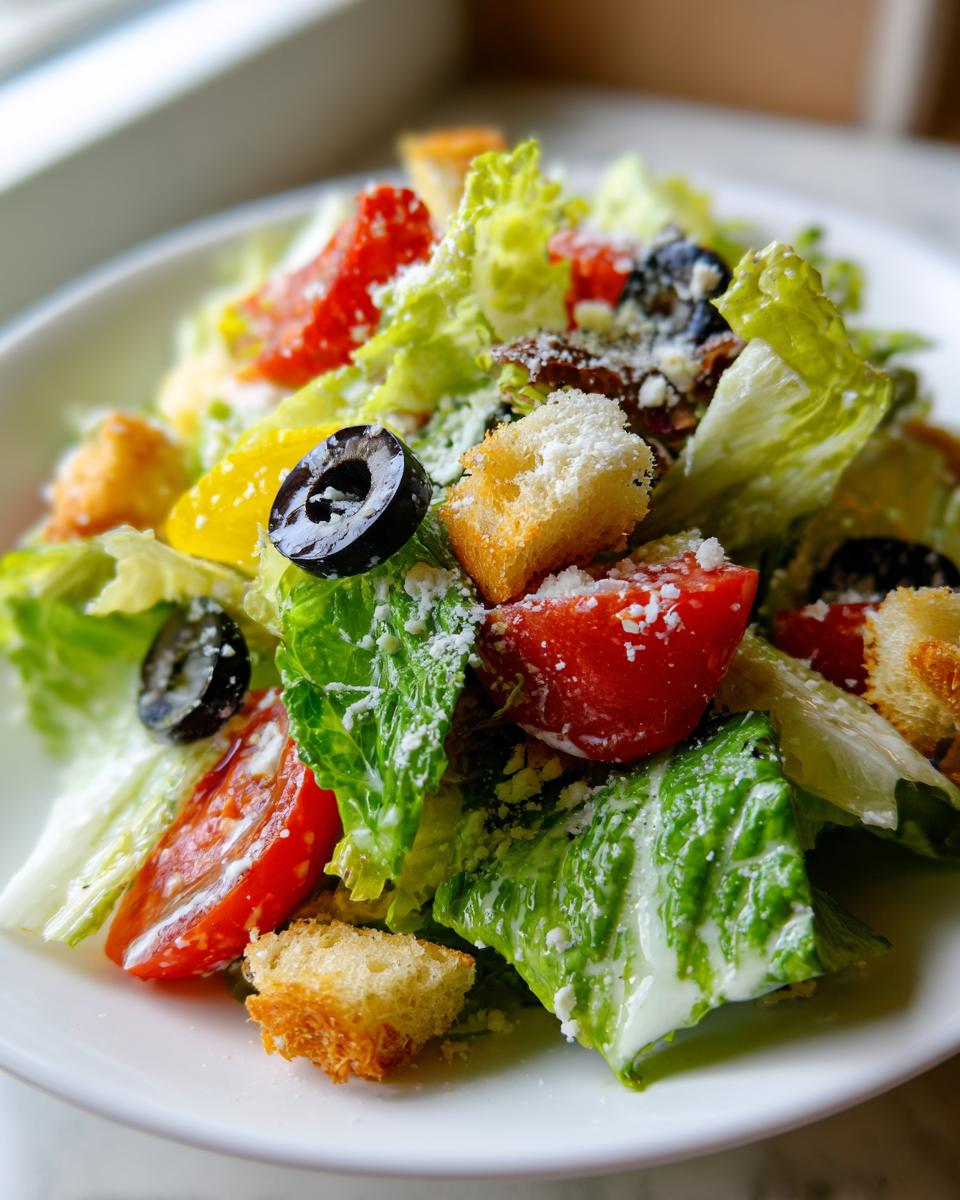 Close-up of a fresh copycat Olive Garden salad featuring romaine lettuce, tomatoes, black olives, croutons, and grated cheese.