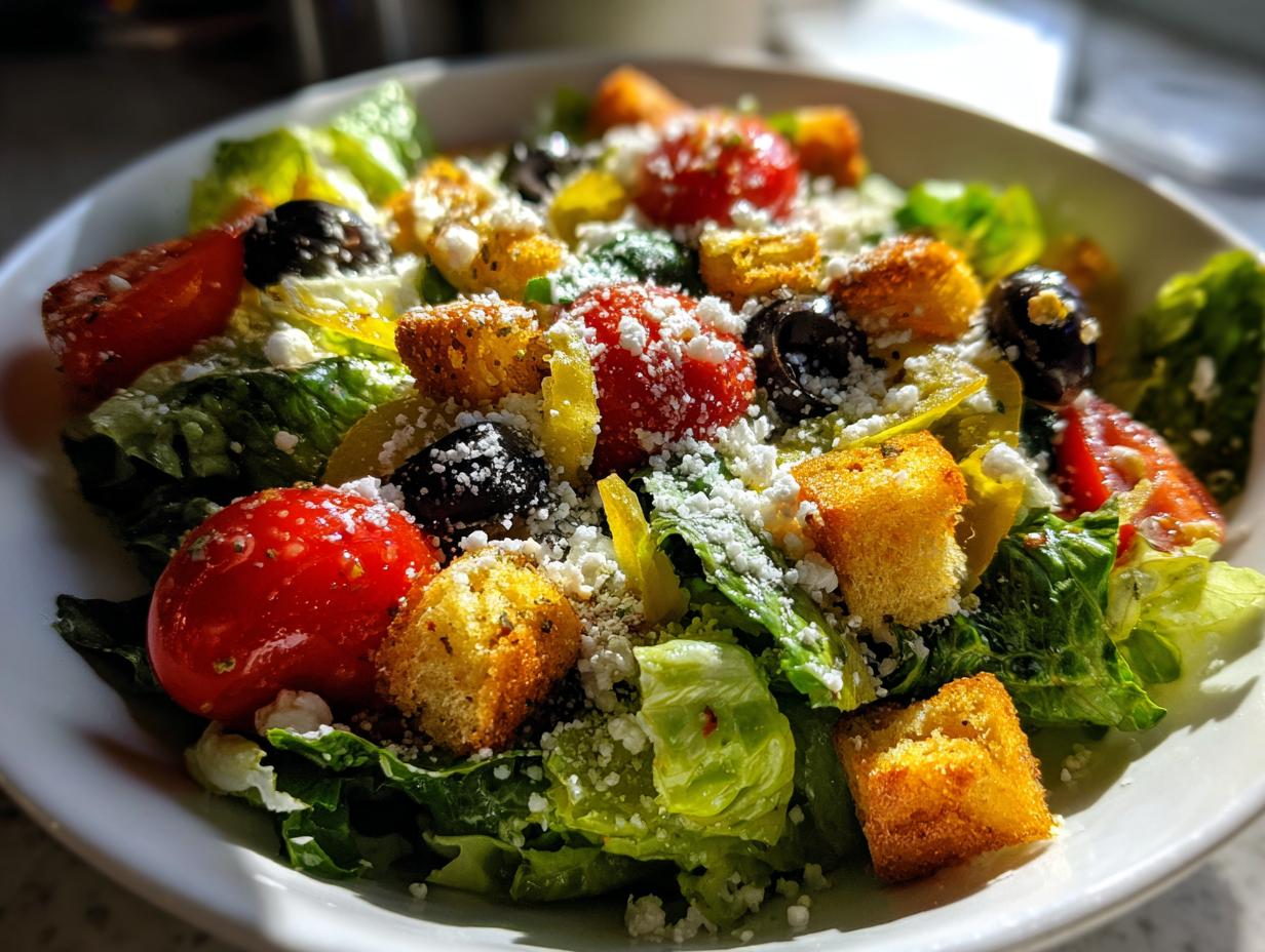 A vibrant bowl of copycat Olive Garden salad featuring crisp lettuce, cherry tomatoes, black olives, and seasoned croutons.