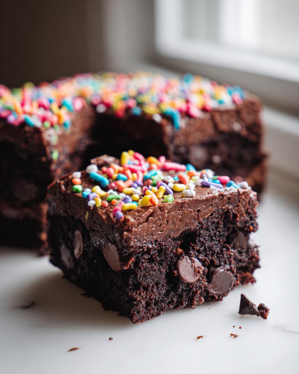 A close-up of a rich, fudgy slice of cosmic brownies topped with chocolate frosting and colorful sprinkles.
