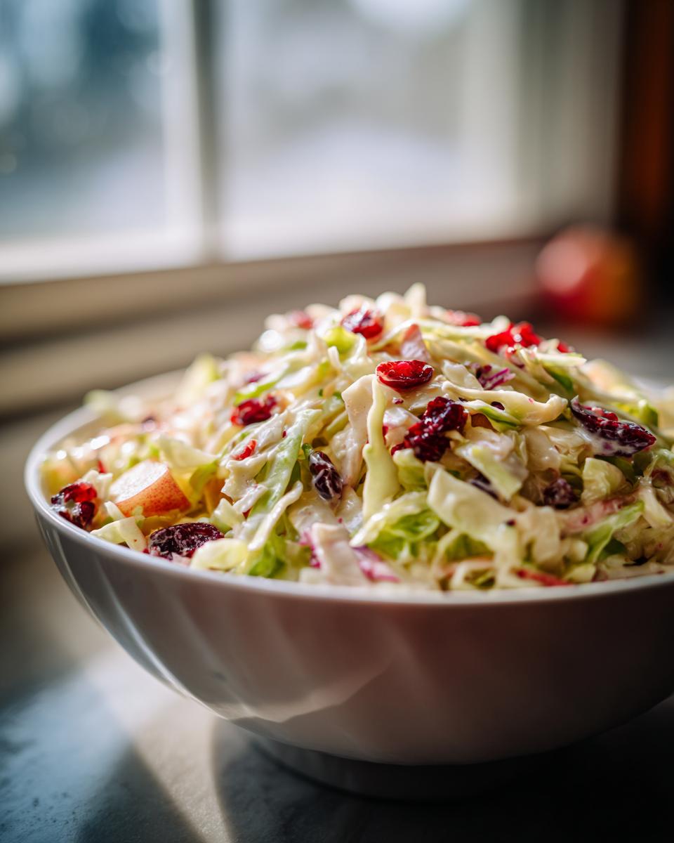 A close-up of a white bowl filled with creamy apple cranberry coleslaw, featuring shredded cabbage, apples, and dried cranberries.
