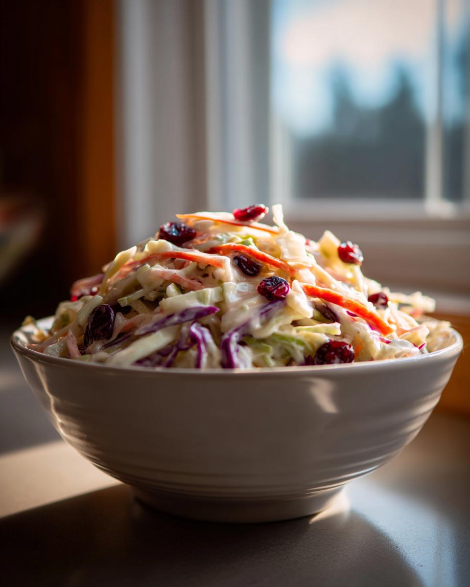 A large white bowl filled with creamy apple cranberry coleslaw, featuring shredded cabbage, carrots, and dried cranberries.