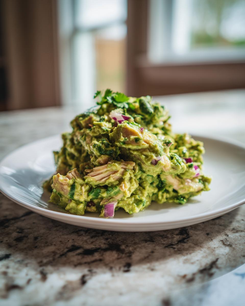 A mound of creamy avocado chicken salad mixed with red onion, served on a white plate.