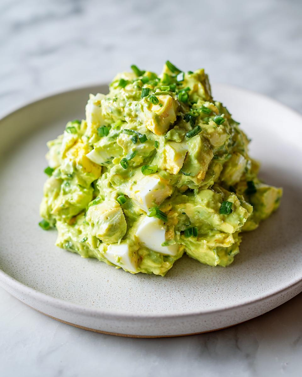A mound of creamy avocado egg salad mixed with chopped hard-boiled eggs and topped with fresh green chives.