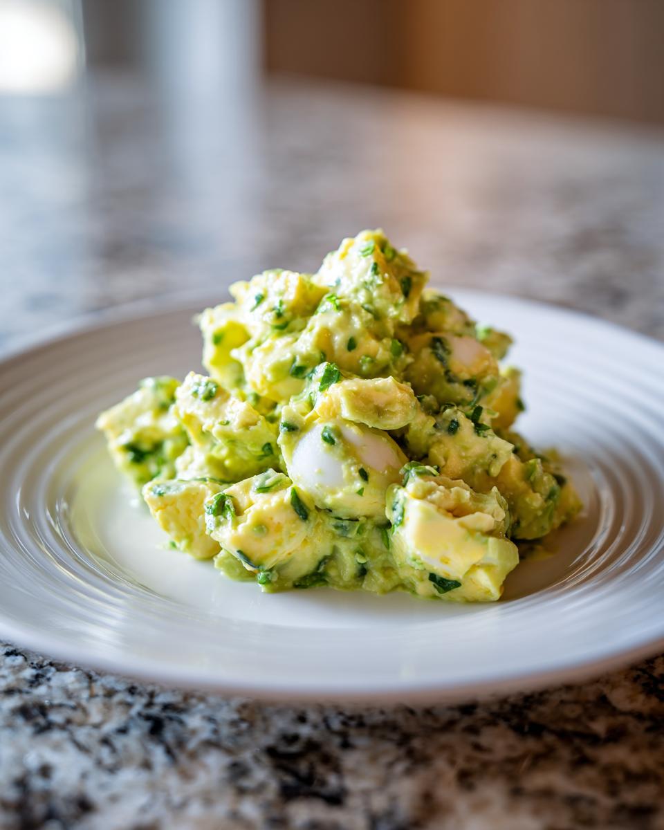 A mound of creamy avocado egg salad mixed with chopped chives served on a white plate.