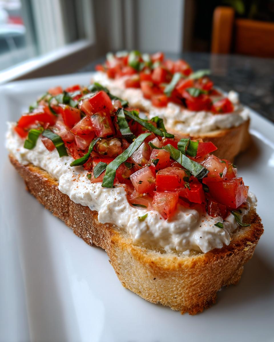 Two slices of toasted bread topped with creamy cheese and fresh tomato basil mixture, ready to serve as bruschetta dip.