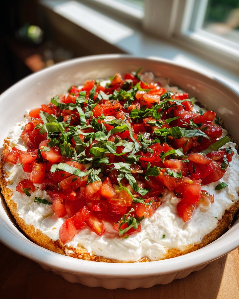 A creamy, baked bruschetta dip topped with diced tomatoes and fresh basil in a white round dish.