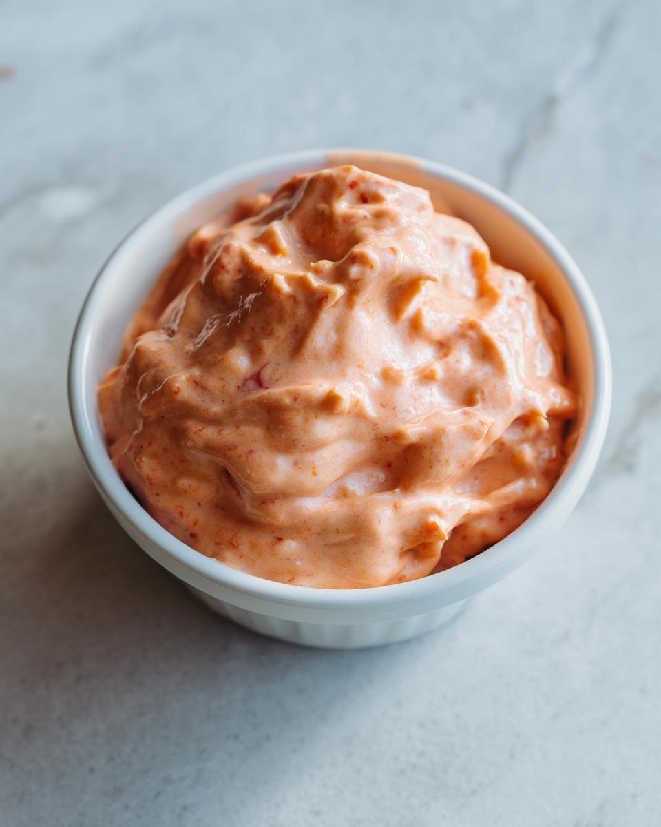 A close-up view of thick, creamy, orange-pink burger sauce generously filling a small white ramekin.
