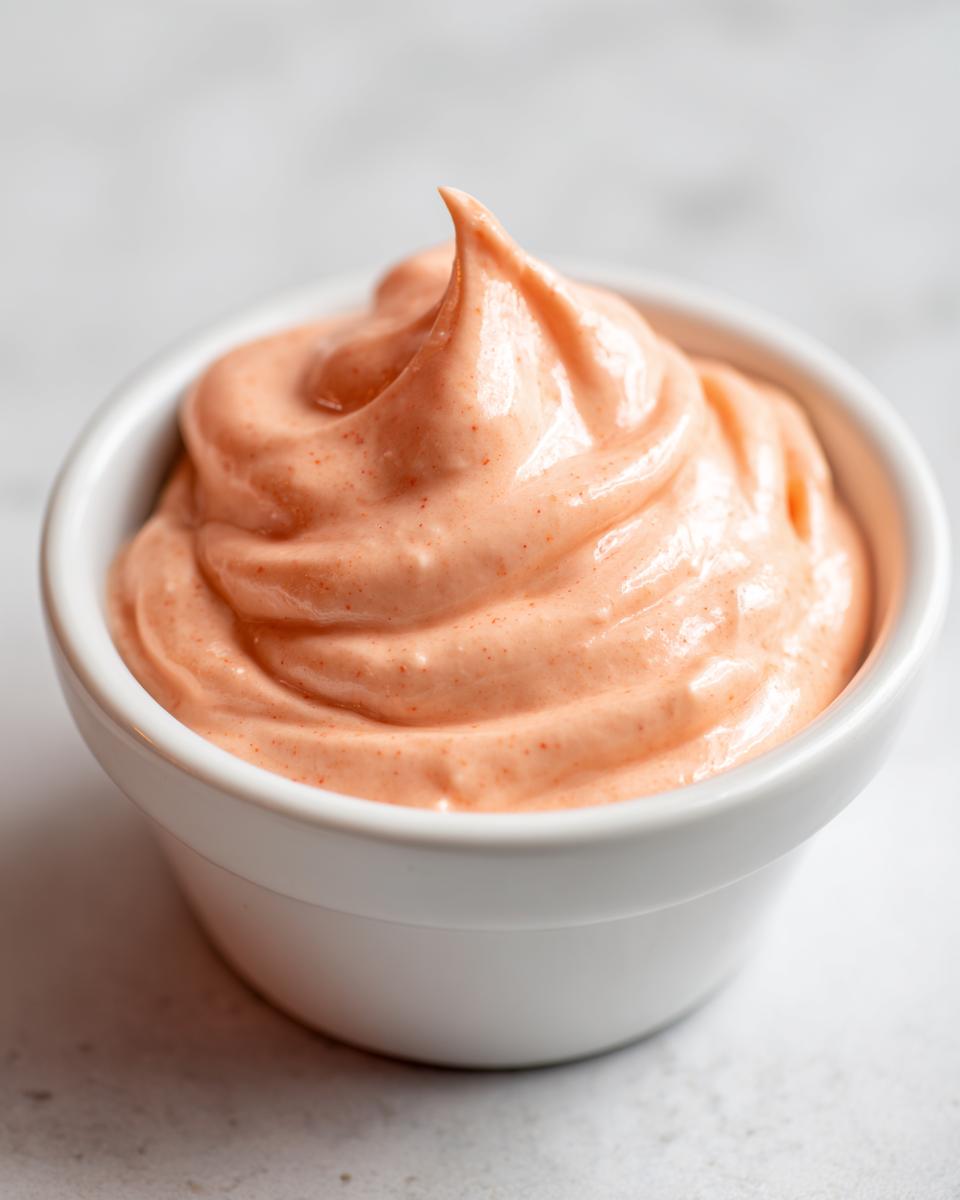 Close-up of creamy, pinkish-orange burger sauce swirled high in a small white ramekin.