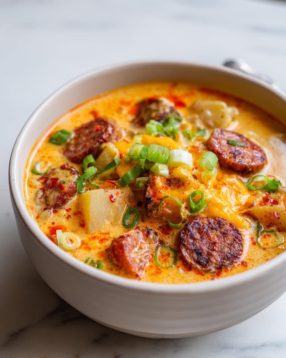 Close-up of a bowl of creamy Cajun potato soup topped with sliced andouille sausage and green onions.