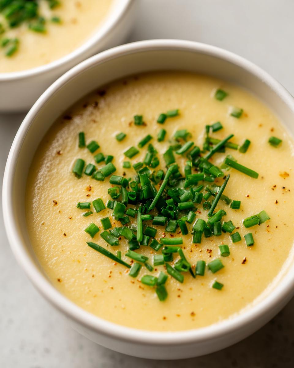 Close-up of a bowl of smooth, creamy cauliflower soup garnished generously with chopped green chives.