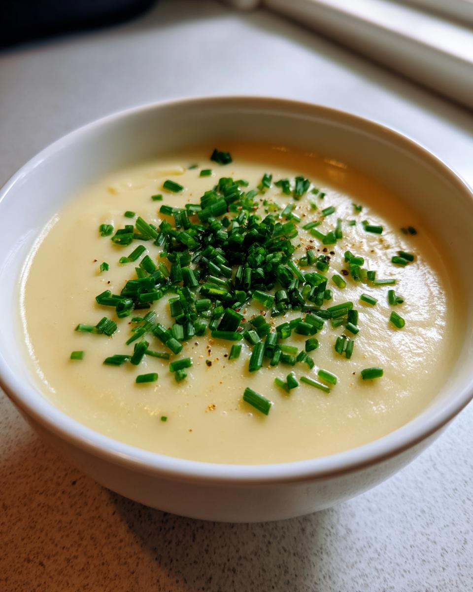 A close-up of creamy cauliflower soup in a white bowl, garnished generously with chopped green chives and pepper.