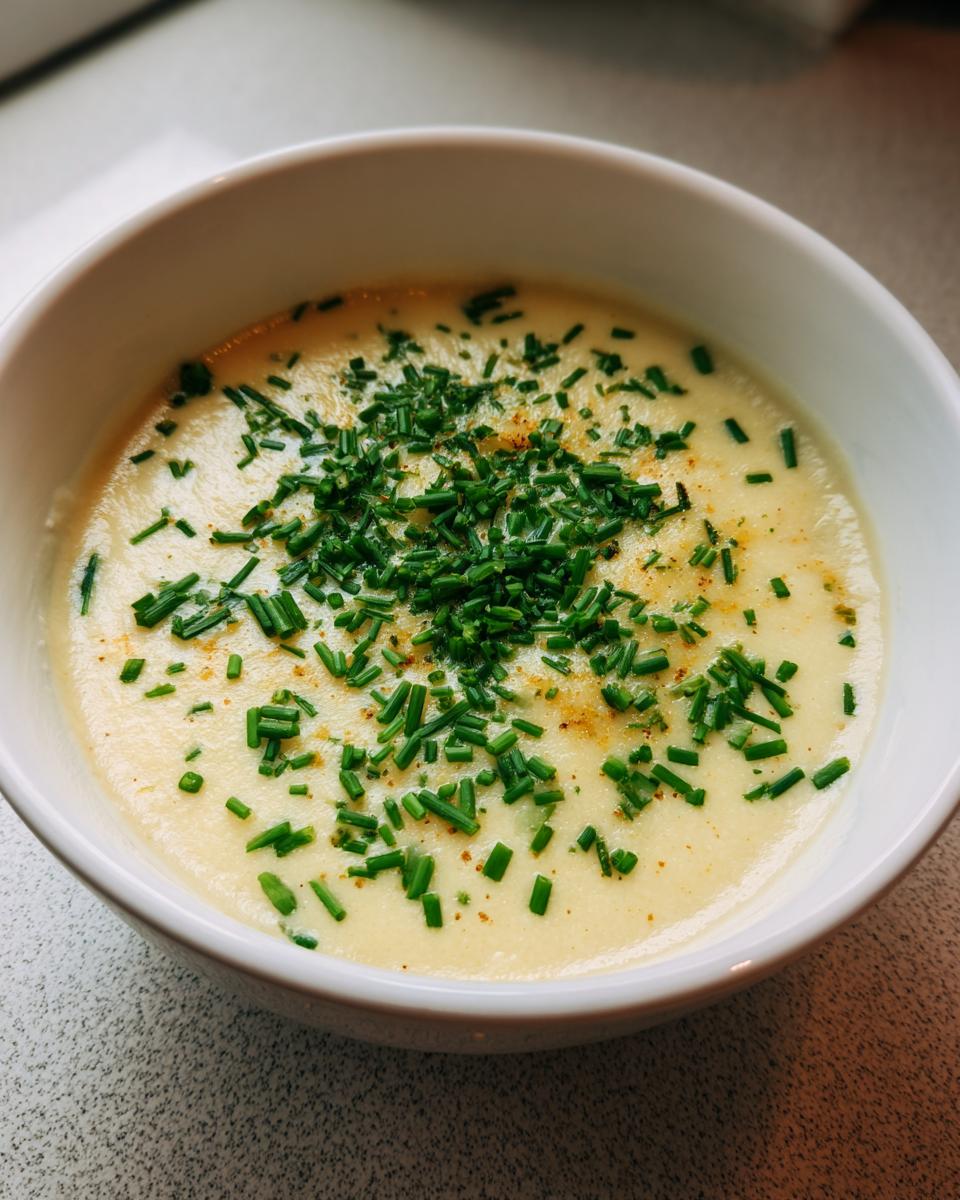 A close-up of creamy cauliflower soup in a white bowl, garnished generously with freshly chopped green chives.