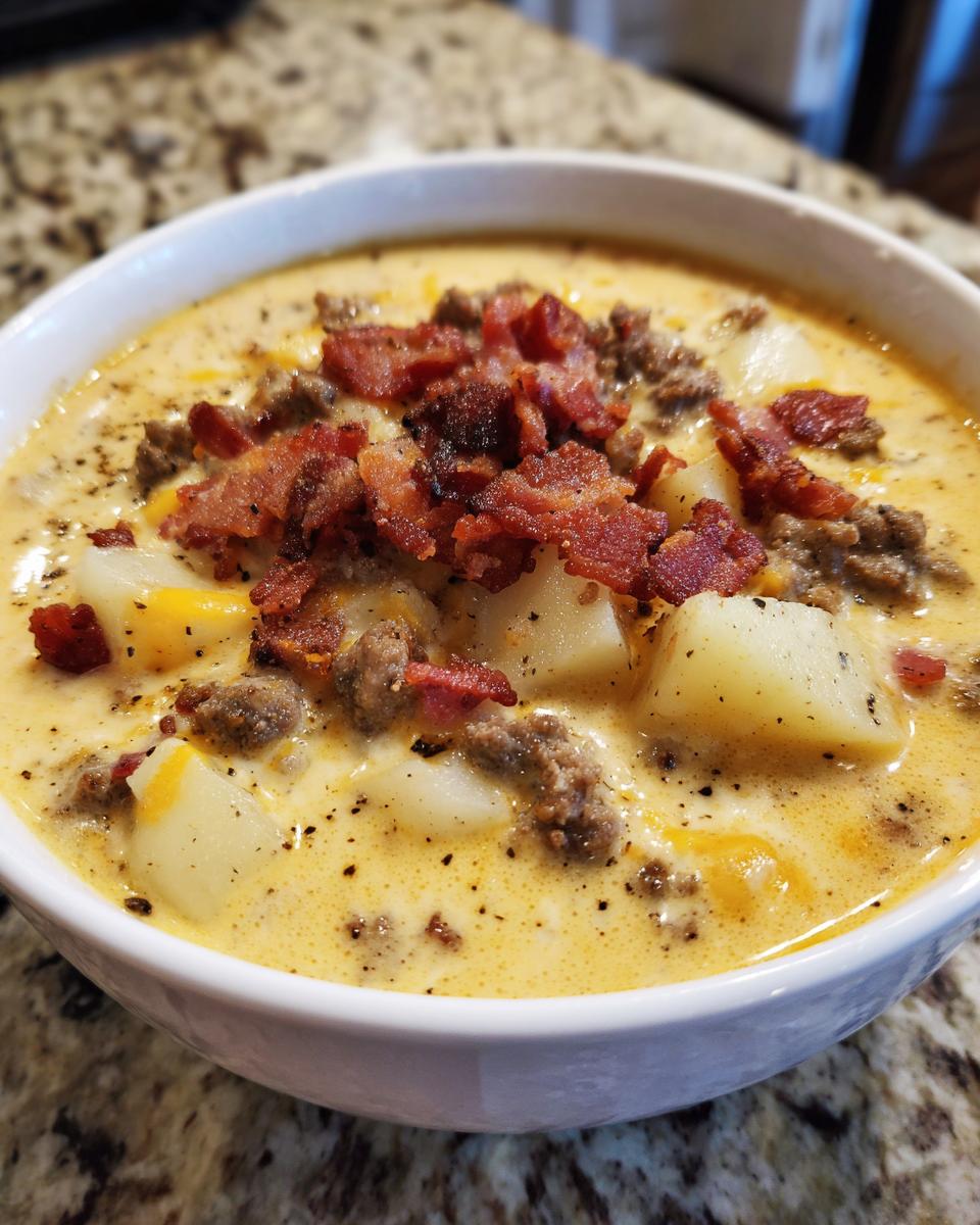 A close-up of a bowl of creamy cheeseburger soup recipe, featuring potatoes, ground beef, and crispy bacon bits.