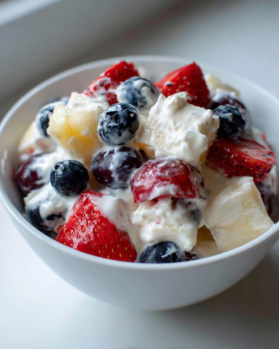 Close-up of a white bowl filled with creamy cheesecake fruit salad featuring strawberries, blueberries, and pineapple chunks.
