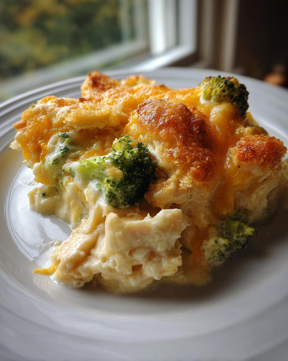 A close-up serving of creamy Chicken Divan featuring chunks of chicken, broccoli florets, and a golden, bubbly cheese topping.