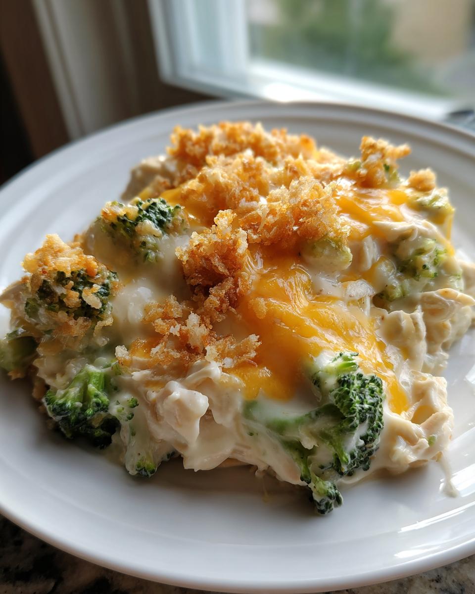 A close-up serving of creamy Chicken Divan casserole featuring broccoli, melted cheddar cheese, and a crispy breadcrumb topping.