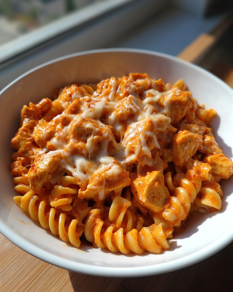 Close-up of a white bowl filled with creamy, orange-sauced enchilada pasta mixed with chicken chunks and topped with melted white cheese.
