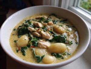 A close-up of creamy chicken gnocchi soup with spinach and red pepper flakes in a white bowl.