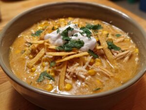A close-up of a bowl of creamy chicken tortilla soup topped with sour cream, cilantro, cheese, and tortilla strips.