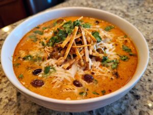 Close-up of a white bowl filled with creamy, orange-hued chicken tortilla soup, topped with shredded cheese, cilantro, and crispy tortilla strips.