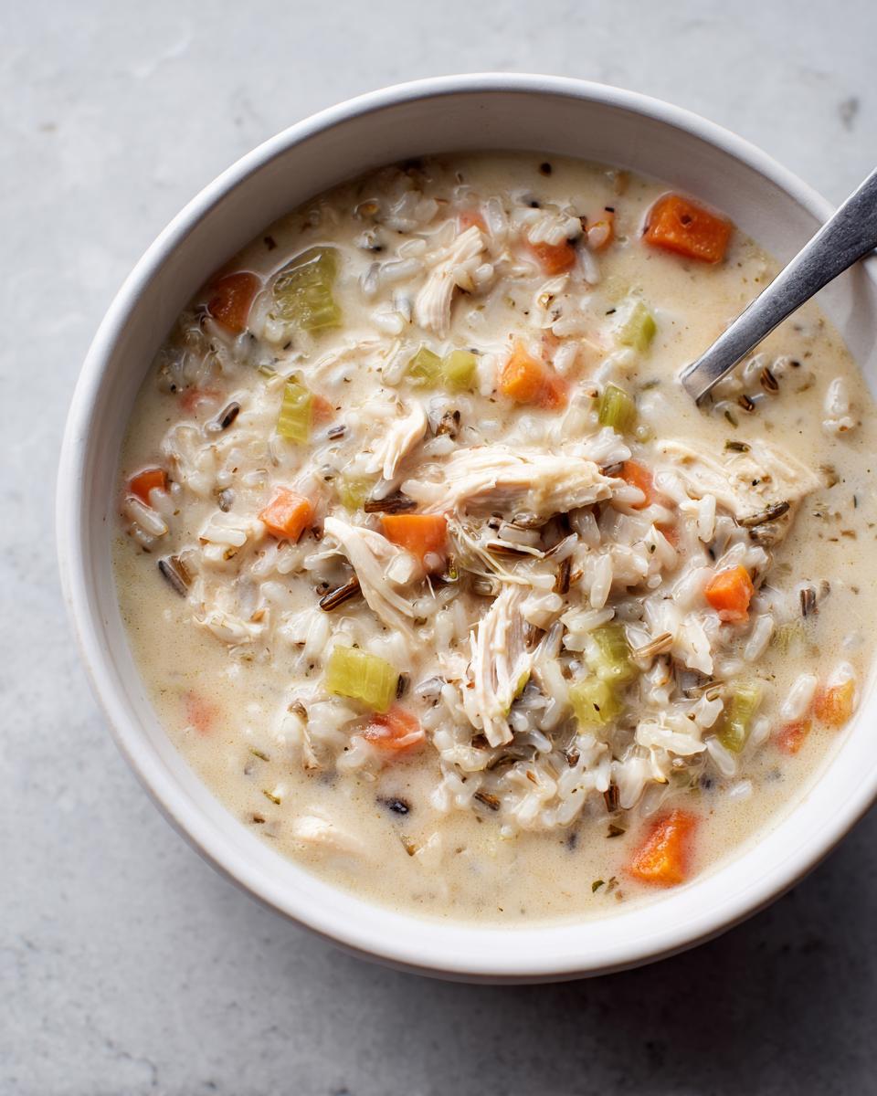 Overhead view of a creamy chicken wild rice soup with visible chunks of shredded chicken, carrots, and celery.
