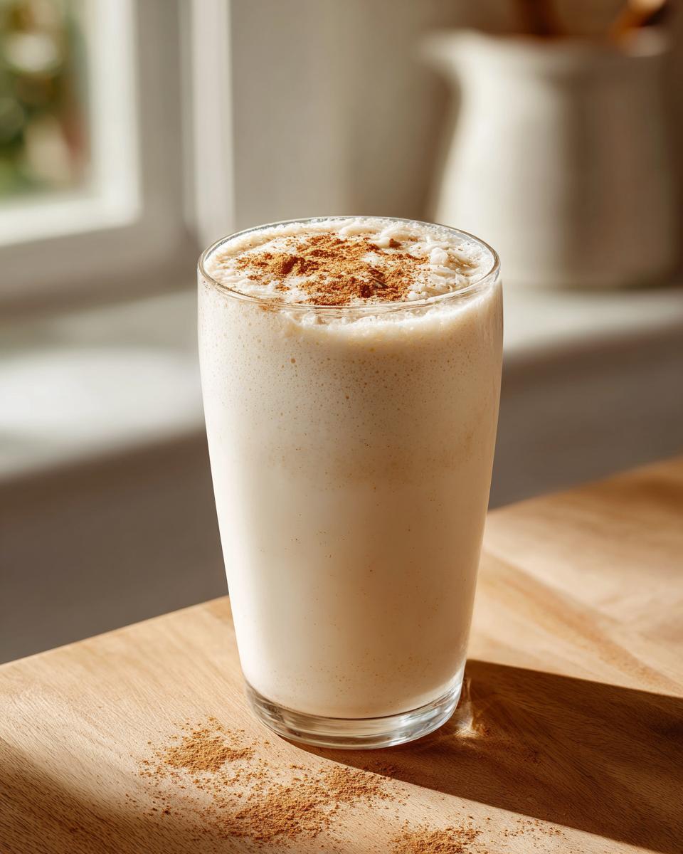 A tall glass filled with creamy, frothy coquito recipe, dusted generously with ground cinnamon.