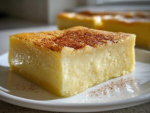 Close-up of a thick, creamy slice of baked egg custard dusted with cinnamon on a white plate.