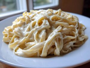 Close-up of fettuccine pasta generously coated in creamy homemade alfredo sauce on a white plate.