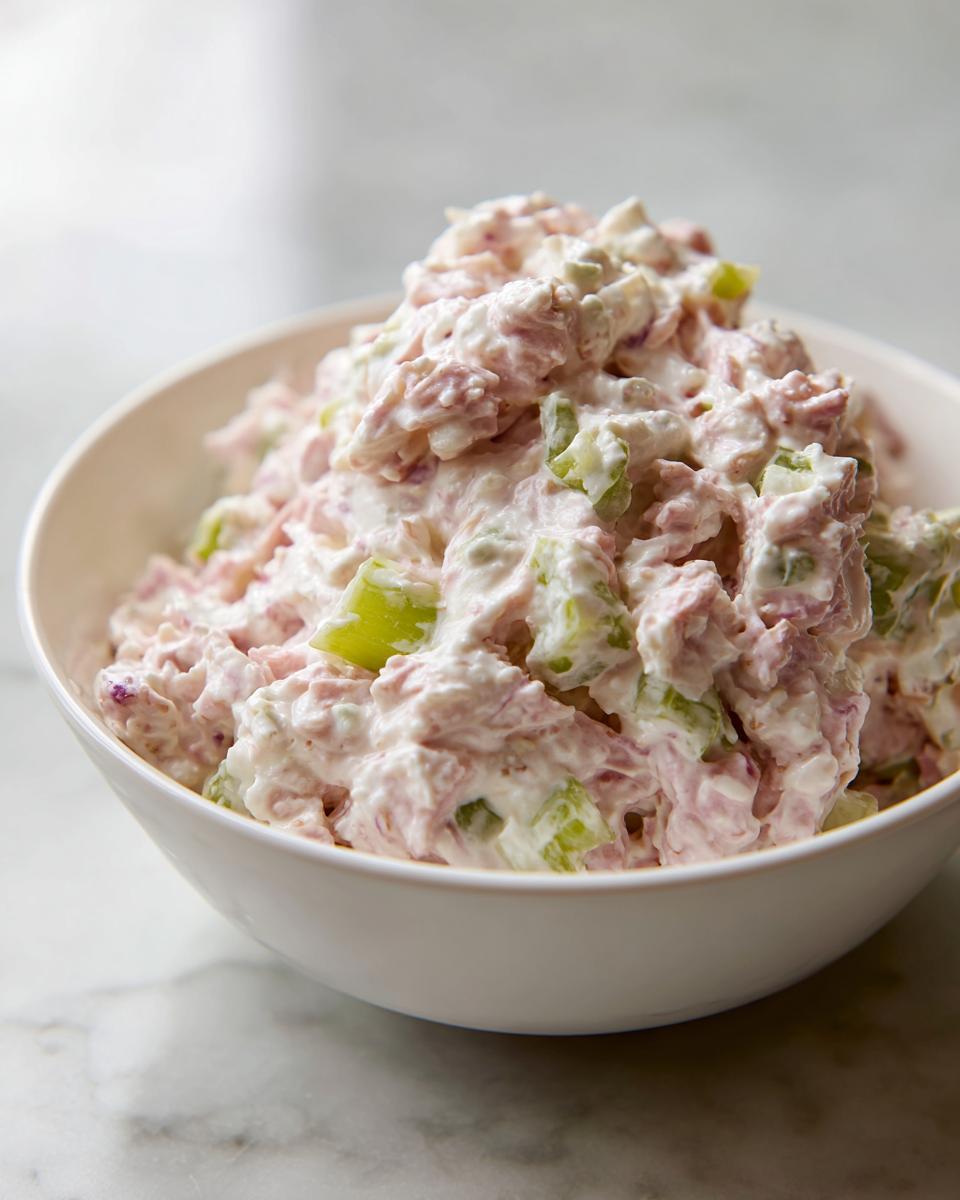 A generous serving of creamy ham salad with visible chunks of ham and celery in a white bowl.