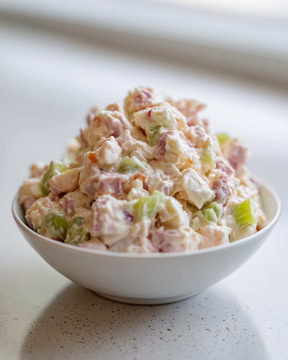 A white bowl filled with creamy ham salad featuring diced ham, celery, and a mayonnaise dressing.