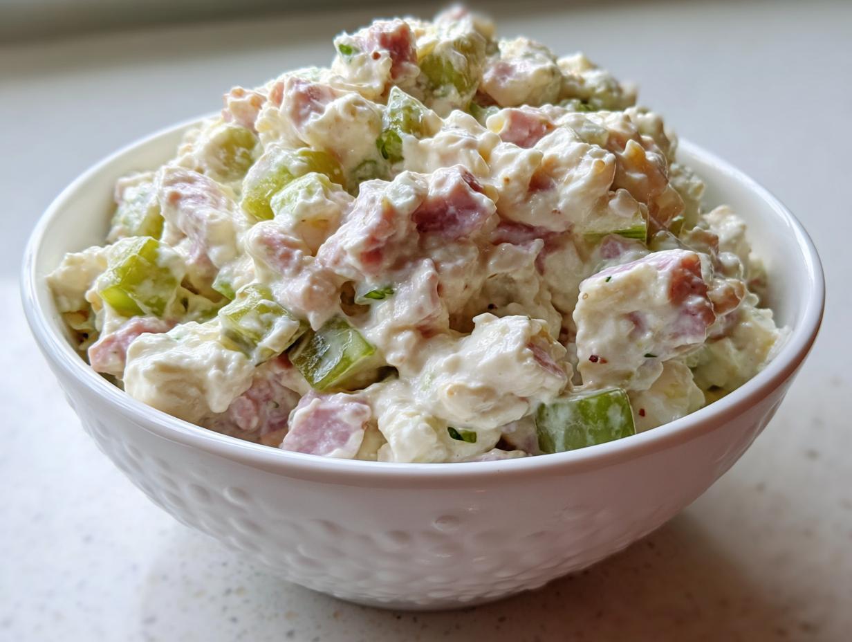 A close-up view of creamy ham salad mixed with diced celery and ham chunks, served in a textured white bowl.