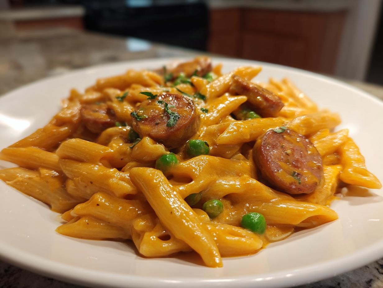 Close-up of creamy, orange-sauced kielbasa pasta with green peas, garnished with parsley on a white plate.