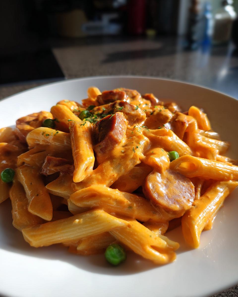 A close-up of creamy, orange-sauced penne pasta mixed with slices of browned kielbasa and green peas, representing kielbasa pasta.