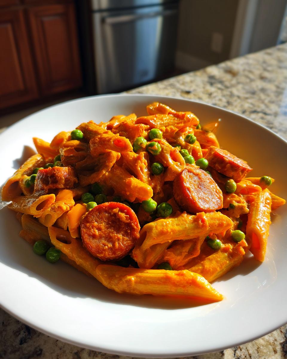 A white bowl filled with creamy, orange-sauced kielbasa pasta and bright green peas, sitting on a granite counter.