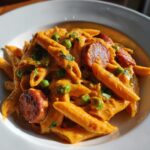 Close-up of creamy, orange-sauced kielbasa pasta with bright green peas and parsley garnish.