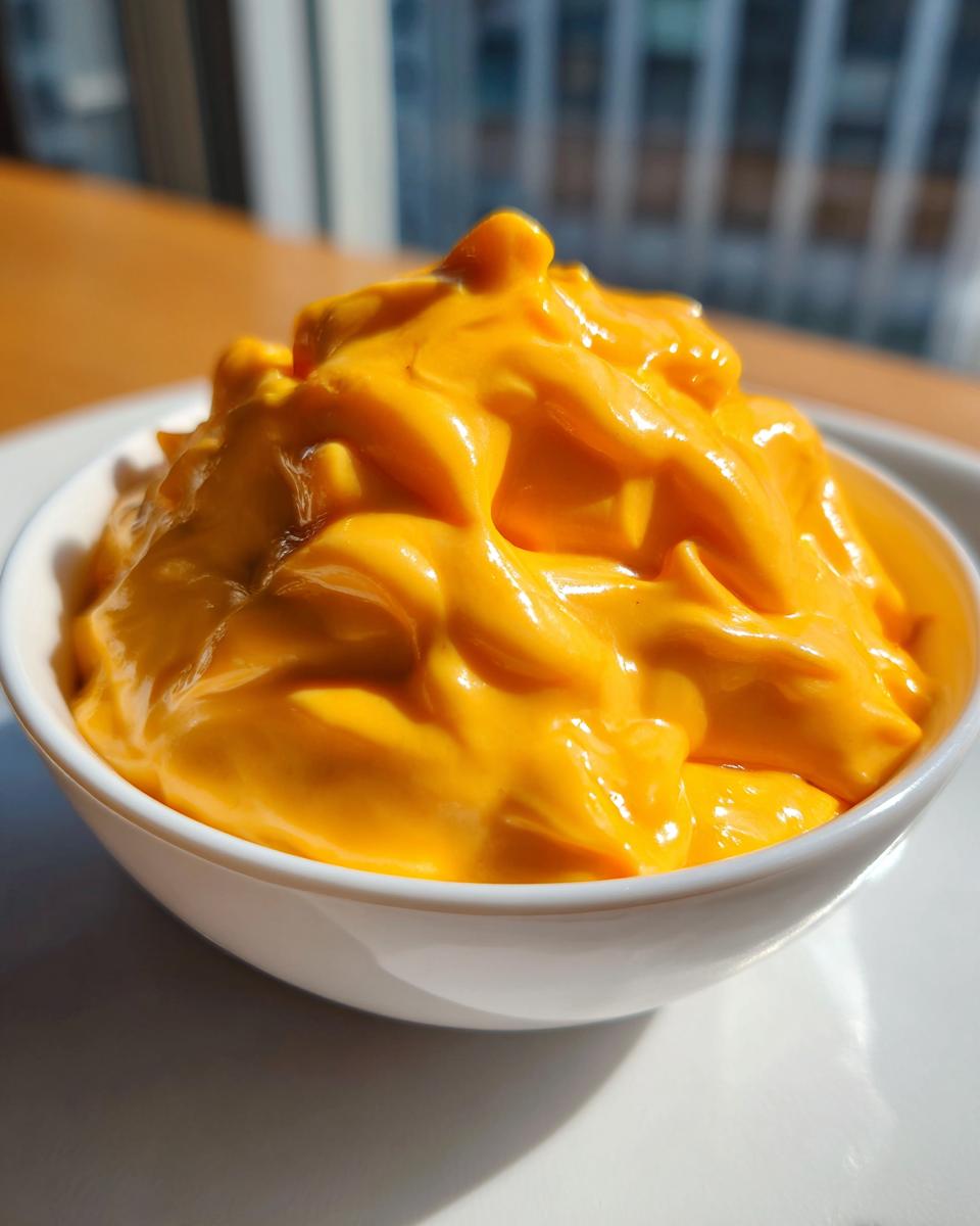 A close-up of thick, bright orange nacho cheese sauce piled high in a small white bowl.