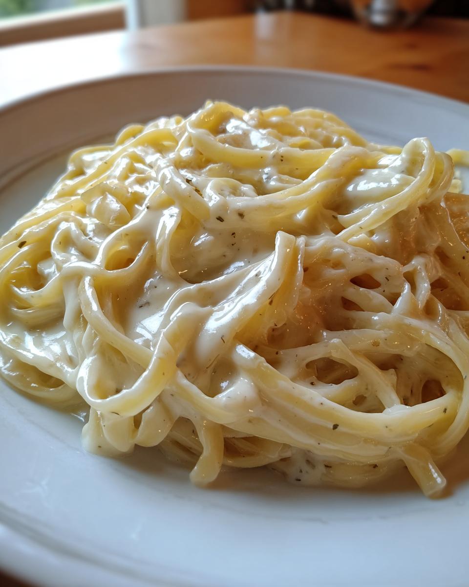 Close-up of fettuccine pasta generously coated in creamy homemade alfredo sauce with visible herbs.